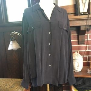 Vintage J. Peterman Blue-Black Silk Button Down Shirt, US Size 14